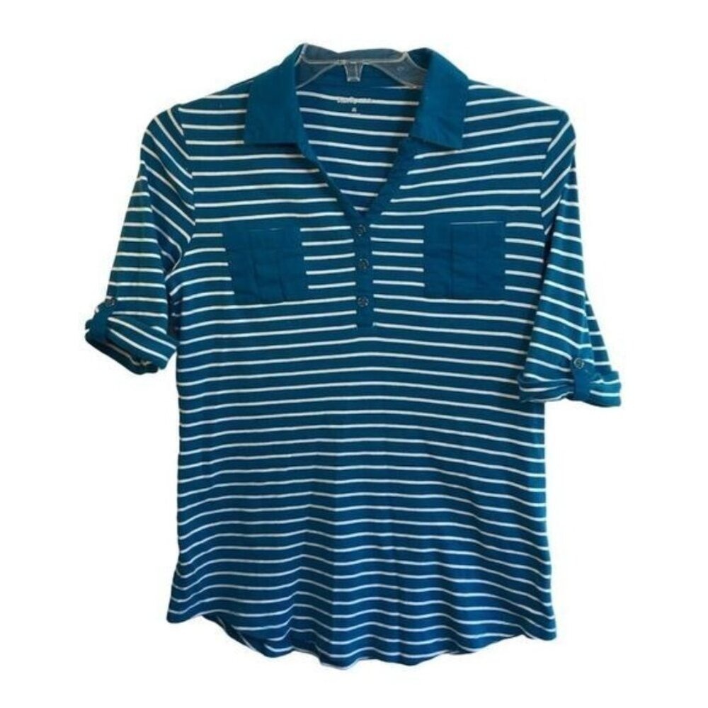 Kim Rogers Womens Medium‎ Striped 3/4 Sleeve Button Up Polo Shirt